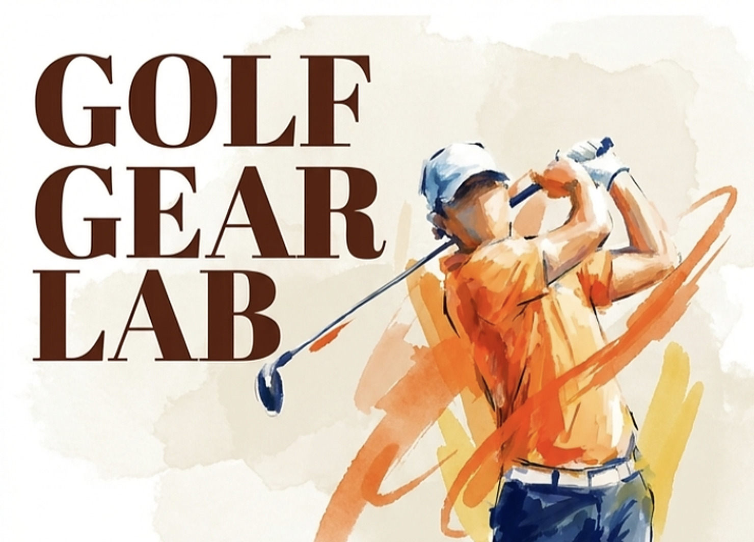 Watercolor of the words GOLF GEAR LAB and a golfer in a full driver follow-through