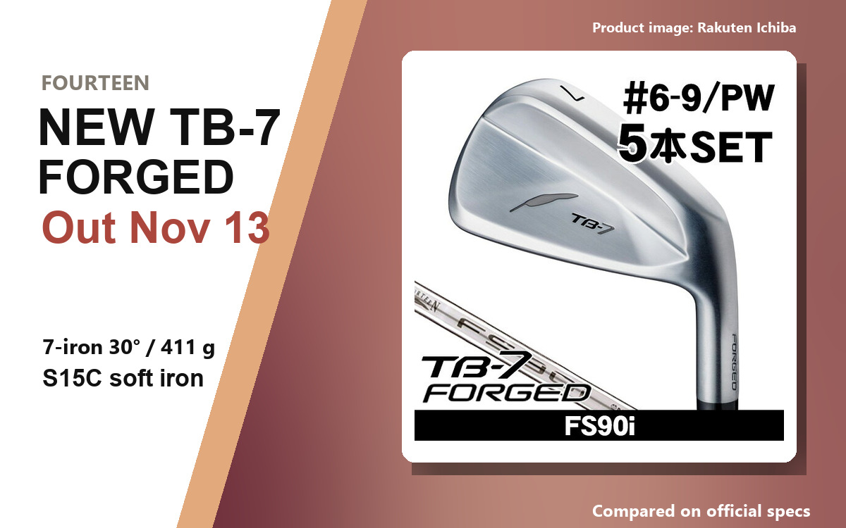 Product image of the FOURTEEN NEW TB-7 FORGED irons, with the Nov 13 release date