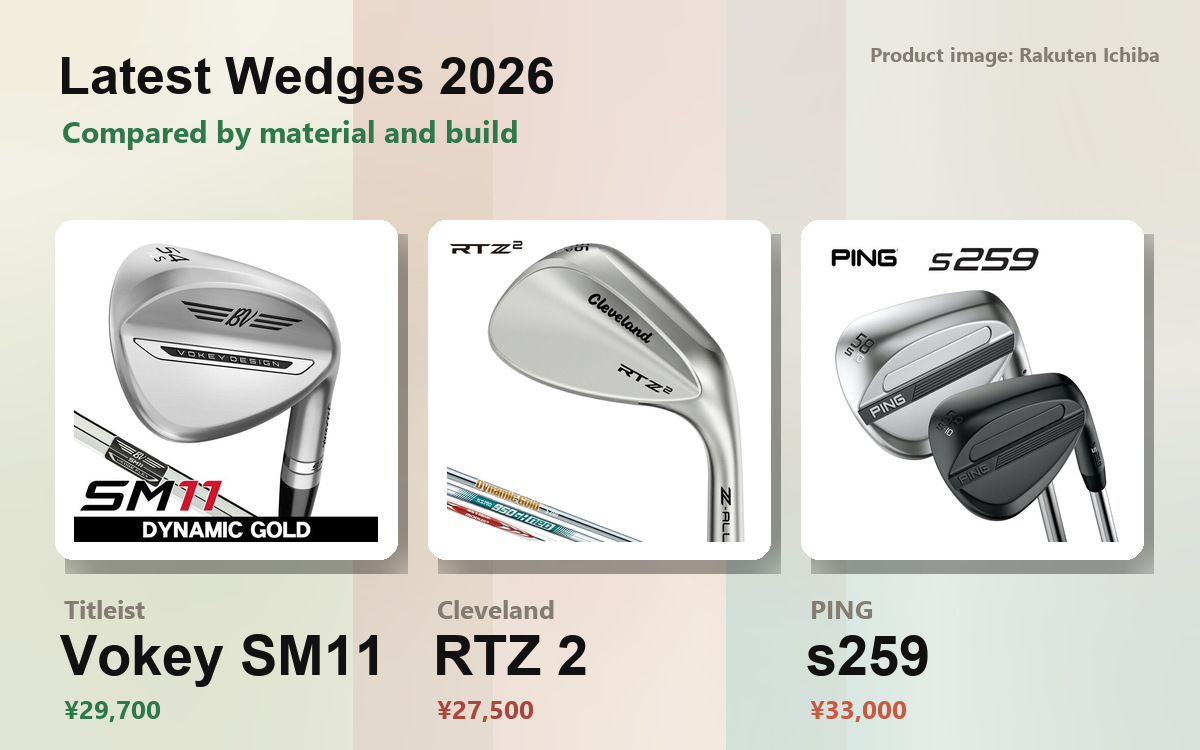 Product images of the newest 2026 wedges (Titleist Vokey SM11, Cleveland RTZ 2, PING s259)