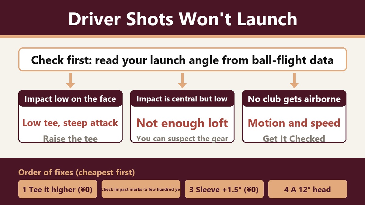 Flowchart for sorting out the cause. If your driver won't get in the air, first look at launch angle on the range's ball-flight data. If the strike is low on the face, the tee is too low or you're coming in from above: raise the tee. If the strike is in the middle and the launch is still low, you're short of loft: you can suspect the gear side. If no club gets up, it's on the motion and speed side: have it looked at. The order to try: teeing higher ¥0, checking the strike a few hundred yen, adding loft with the sleeve ¥0, a 12° head last.