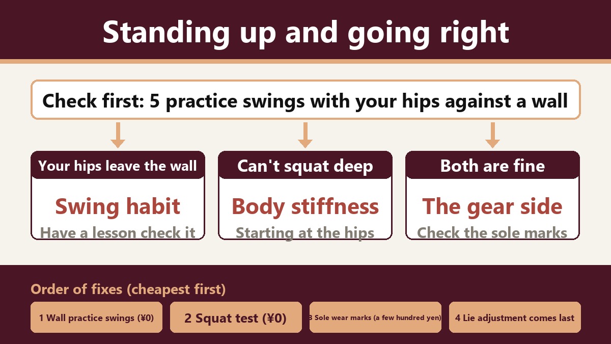 Flowchart for sorting out the cause. If you early extend and miss right, first make 5 practice swings with your backside against a wall. If your backside leaves the wall, it's a motion habit: have it looked at in a lesson. If you can't squat deeply with your heels down, it's body stiffness: start with the hips. If neither is a problem, look at the sole marks on the gear side. The order to try: wall drill ¥0, squat test ¥0, checking sole marks a few hundred yen, lie angle adjustment last.