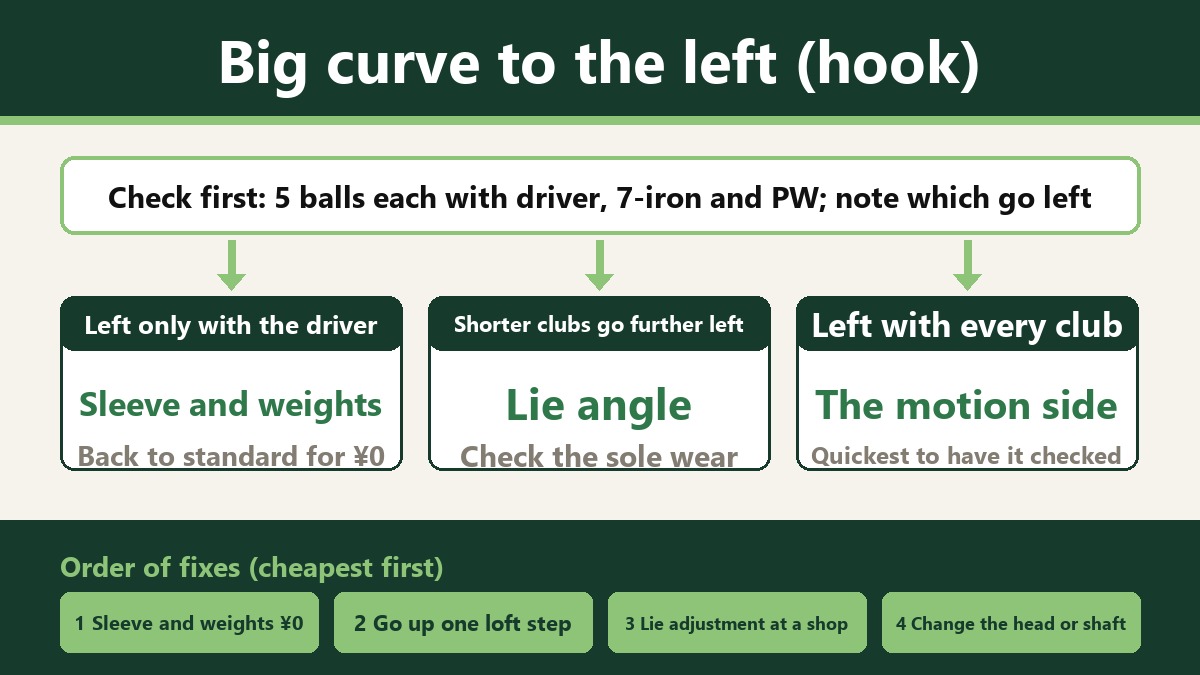 Flow chart for telling causes apart. The symptom is a pull hook curving hard left. First hit five balls each with the driver, 7-iron and PW and write down which clubs go left. If only the driver goes left, suspect the sleeve and weights and reset to standard for ¥0. If the shorter the club the further left, suspect the lie angle and look at sole wear. If every club goes left, it's the motion side, and it's quicker to have someone watch. The order of fixes goes by cost: resetting the sleeve and weights to standard is ¥0, then raise the driver loft one step, lie adjustment is at a workshop, and last, replacing the head or shaft.