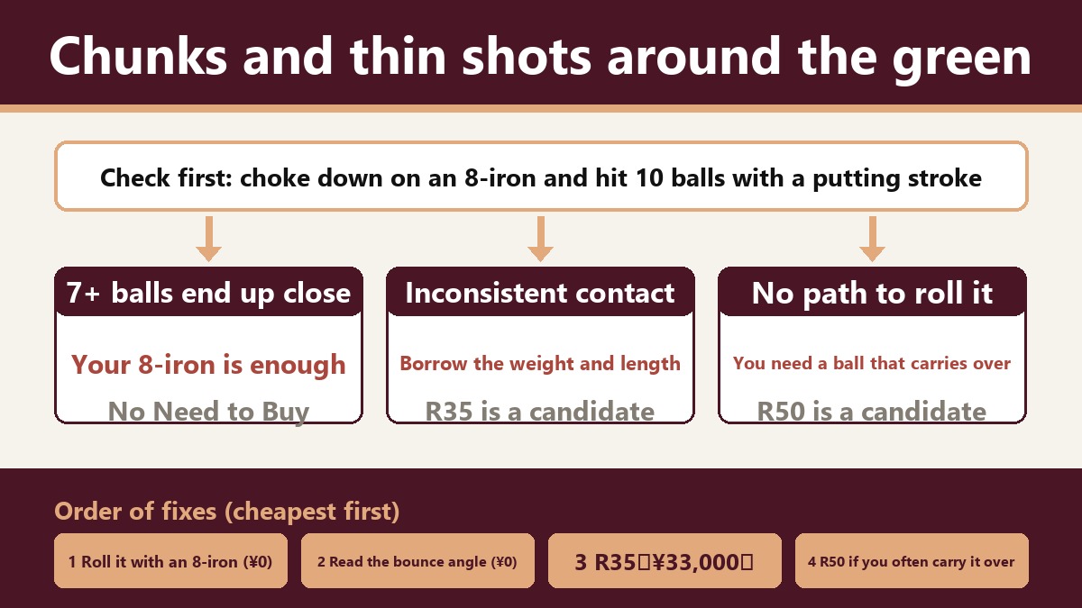 Flowchart for sorting it out. When you chunk or thin it around the green, do you need the R35 or R50? First choke down on an 8-iron and roll 10 balls with a putting stroke. If they finish close, your current 8-iron is enough and you don't need to buy. If contact isn't consistent, the R35, which lends you weight and length through the tool, is a candidate. If your trouble is when there's no path to roll the ball, the R50 is a candidate. The order to try: rolling it with an 8-iron ¥0, checking your wedge's bounce ¥0, adding the R35 ¥33,000, and the R50 if you often have to carry something.