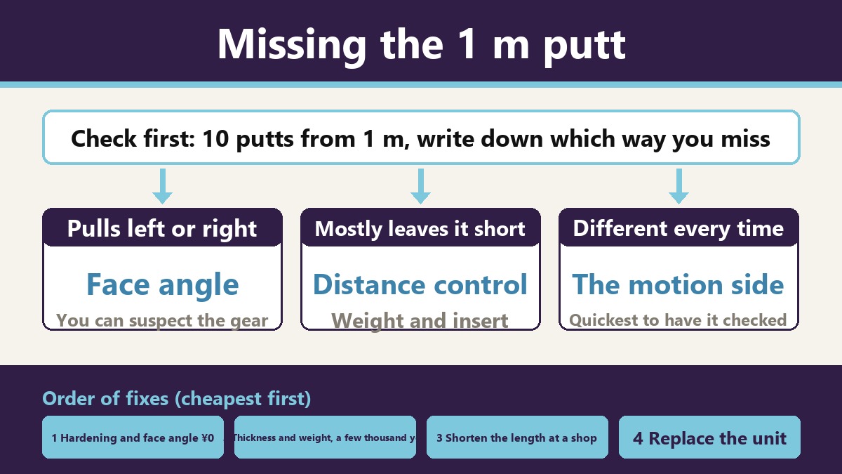 Flow chart for telling causes apart. The symptom is not holing from one meter. First hit 10 putts from one meter and write down which way you miss. If they lean right or left, suspect the equipment side through face direction. If many are short, look at weight and the insert for distance control. If they scatter every time, it's the motion side, and it's quicker to have someone watch. The order of fixes goes by cost: checking hardening and orientation is ¥0, thickness and weight are a few thousand yen, shortening the length is at a workshop, and last, replacing the putter itself.