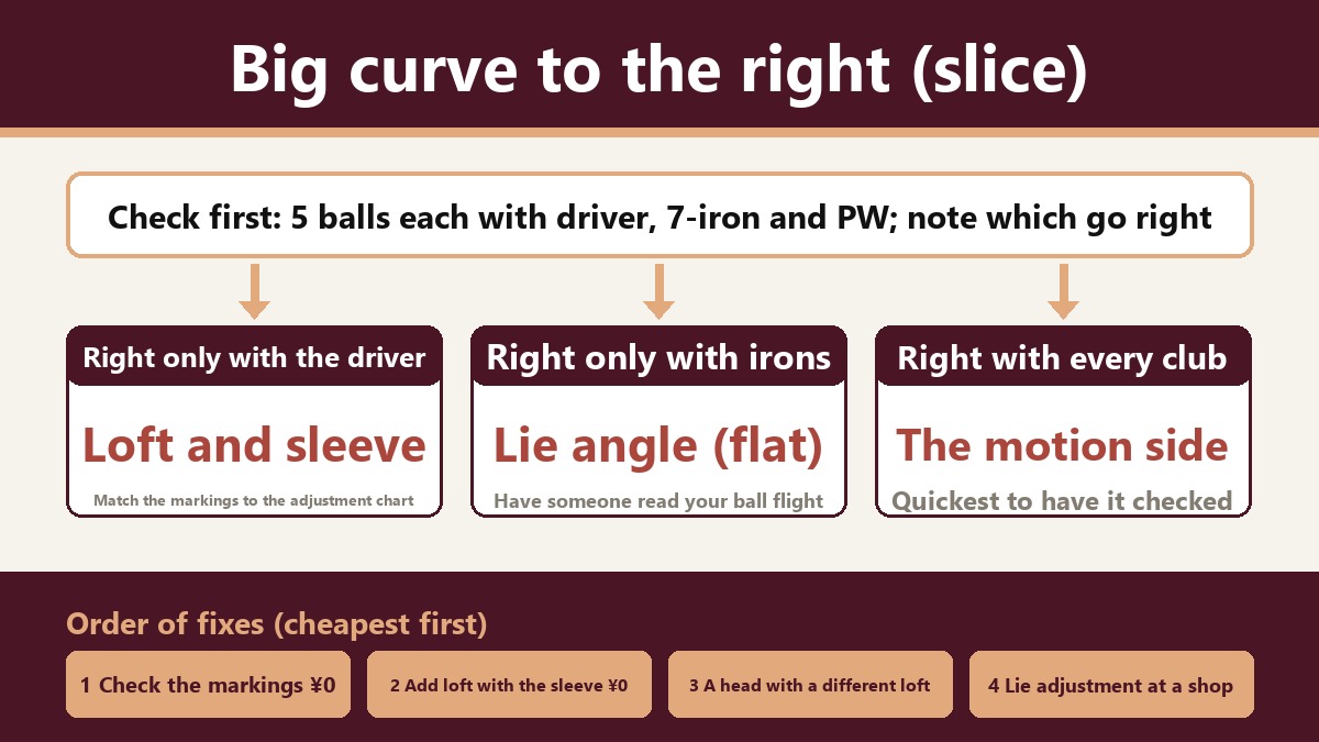 Flow chart for sorting it out. Symptom: a big slice to the right. First hit five balls each with driver, 7-iron and PW and write down which clubs go right. If only the driver goes right, suspect loft and the sleeve, and check the stamp against the adjustment chart. If only the irons go right, suspect lie angle and have it checked at impact. If every club goes right, it's the movement side, and having someone look is fastest. Fix in order of cost: checking the sleeve stamp is ¥0, adding loft with the sleeve is next at ¥0, then a head with different loft, and iron lie adjustment at a workshop.