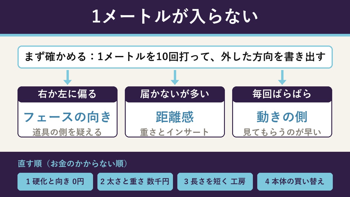 切り分けの流れ図。症状は1メートルが入らない。まず1メートルを10回打って外した方向を書き出す。右か左に偏るならフェースの向きで道具の側を疑える。届かないが多いなら距離感で重さとインサートを見る。毎回ばらばらなら動きの側で見てもらうのが早い。直す順はお金のかからない順に、硬化と向きの確認が0円、太さと重さが数千円、長さを短くするのは工房、最後に本体の買い替え。