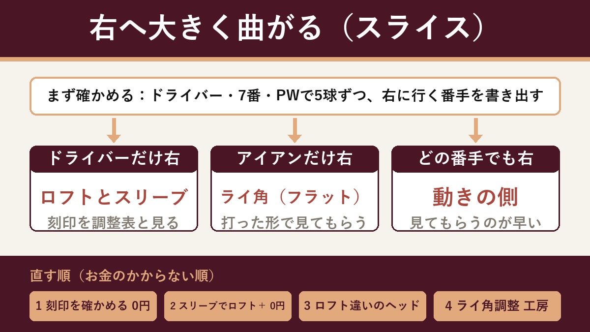 切り分けの流れ図。症状は右へ大きく曲がるスライス。まずドライバー・7番・PWで5球ずつ打ち、右に行く番手を書き出す。ドライバーだけ右ならロフトとスリーブを疑い、刻印を調整表と突き合わせる。アイアンだけ右ならライ角を疑い、打ったときの形で見てもらう。どの番手でも右なら動きの側で、見てもらうのが早い。直す順はお金のかからない順に、スリーブの刻印を確かめるのが0円、次にスリーブでロフトを足すのも0円、その次にロフト違いのヘッド、アイアンのライ角調整は工房。