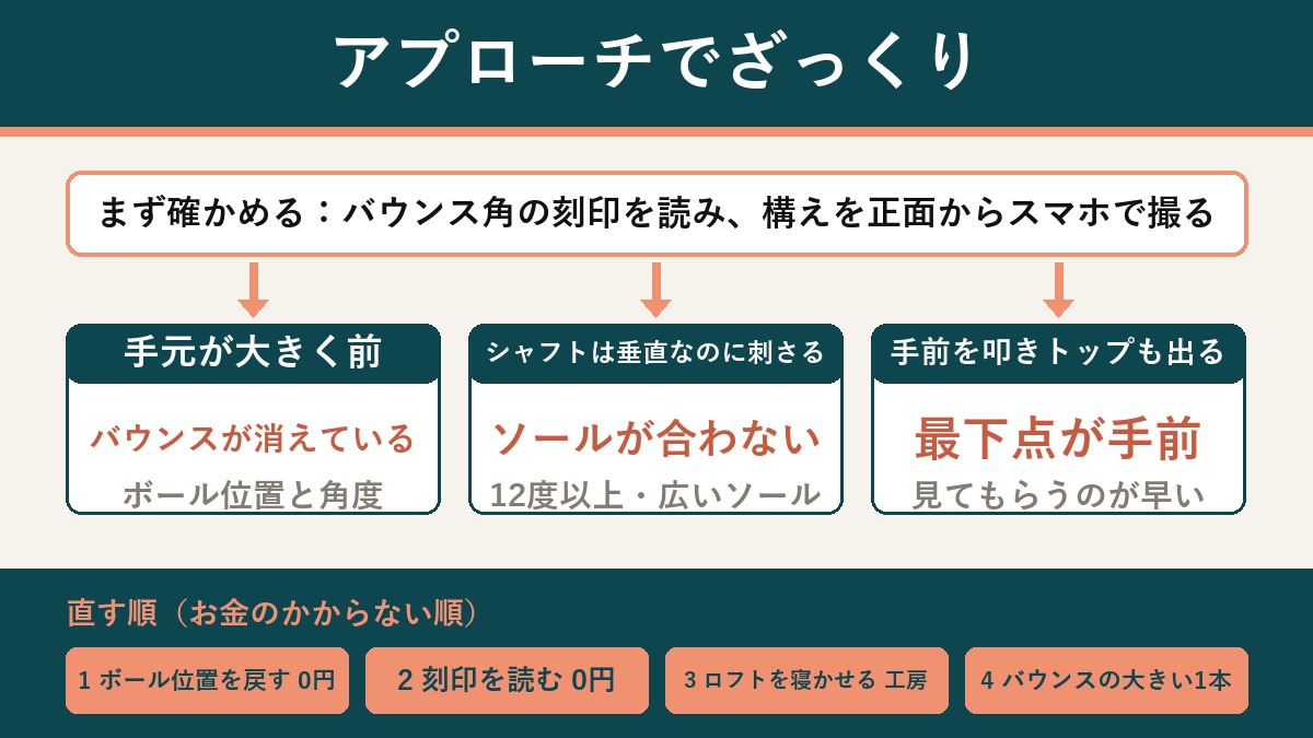 切り分けの流れ図。症状はアプローチのざっくり。まずウェッジのバウンス角の刻印を読み、構えを正面からスマホで撮る。手元がボールより大きく前ならバウンスが消えているので、ボール位置とバウンス角を見直す。シャフトがほぼ垂直なのに刺さるならソールが合っていないので、バウンス12度以上や幅の広いソールを考える。ボールの手前を叩いてトップも出るなら最下点が手前で動きの側なので、見てもらうのが早い。直す順はお金のかからない順に、ボール位置を戻すのが0円、刻印を読むのが0円、工房でロフトを寝かせる、最後にバウンスの大きい1本を買う。